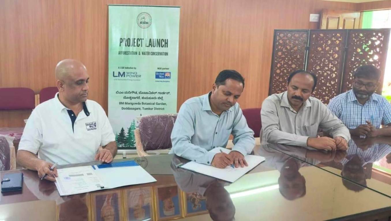 The Dept of Horticulture signs MOU with LM Wind Power and United Way of Bengaluru for enhancing the ecology of Doddasaggere Botanical Garden